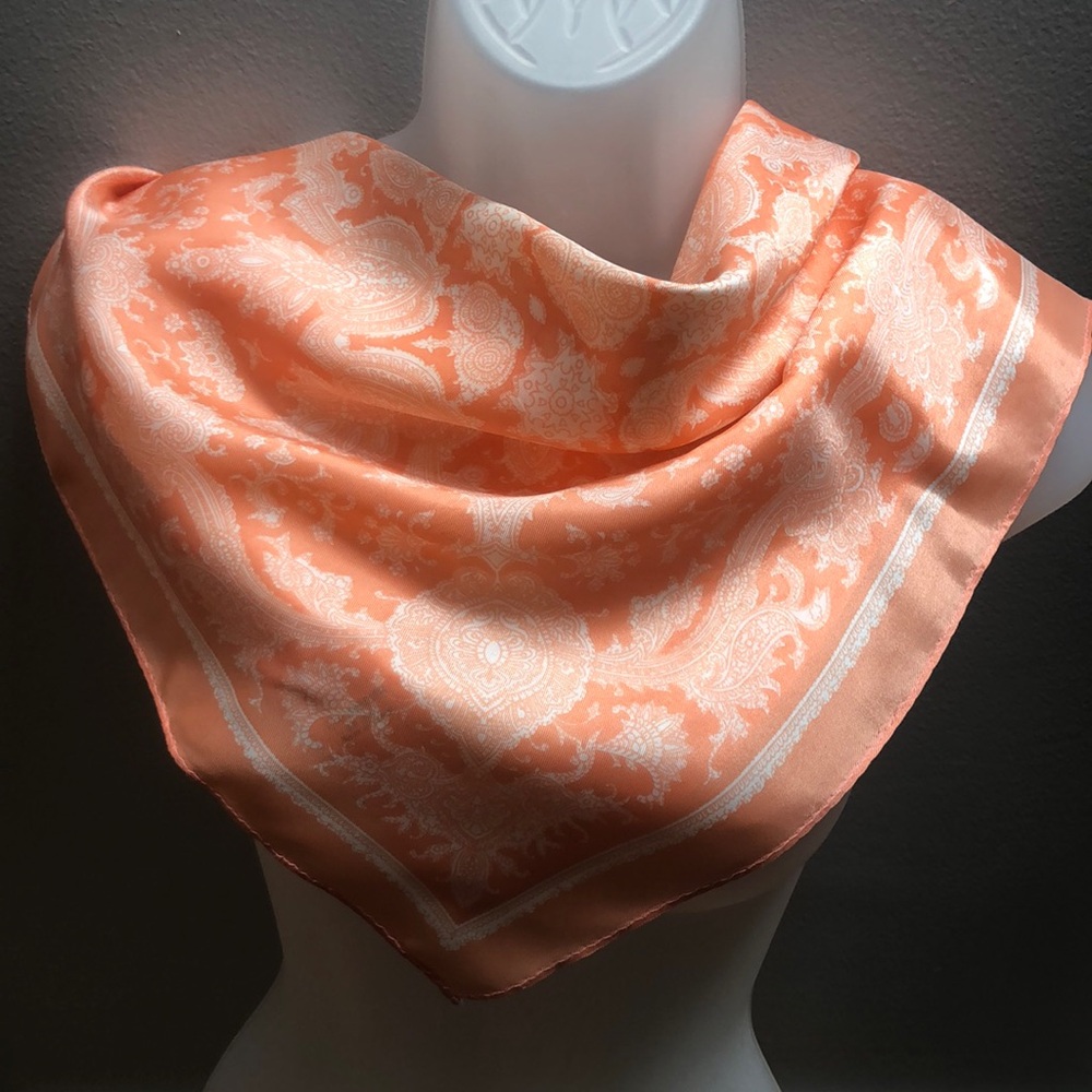 Beautiful coral color Square Scarf, Bandana  Medallion Paisley Design Japan VTG